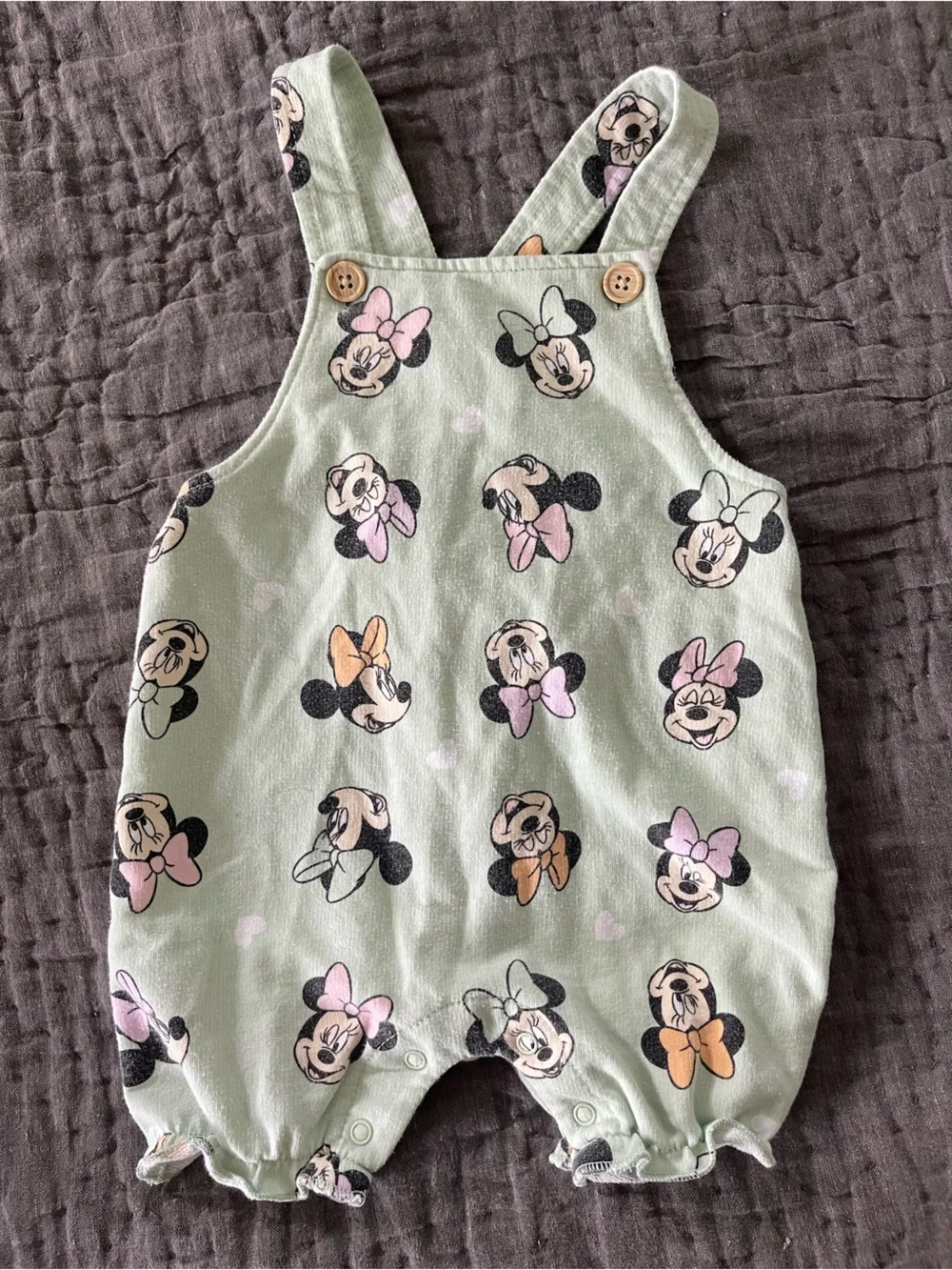 Disney Mint Green Minnie Mouse Bow Print Romper Overalls Adjustable 12 Months
